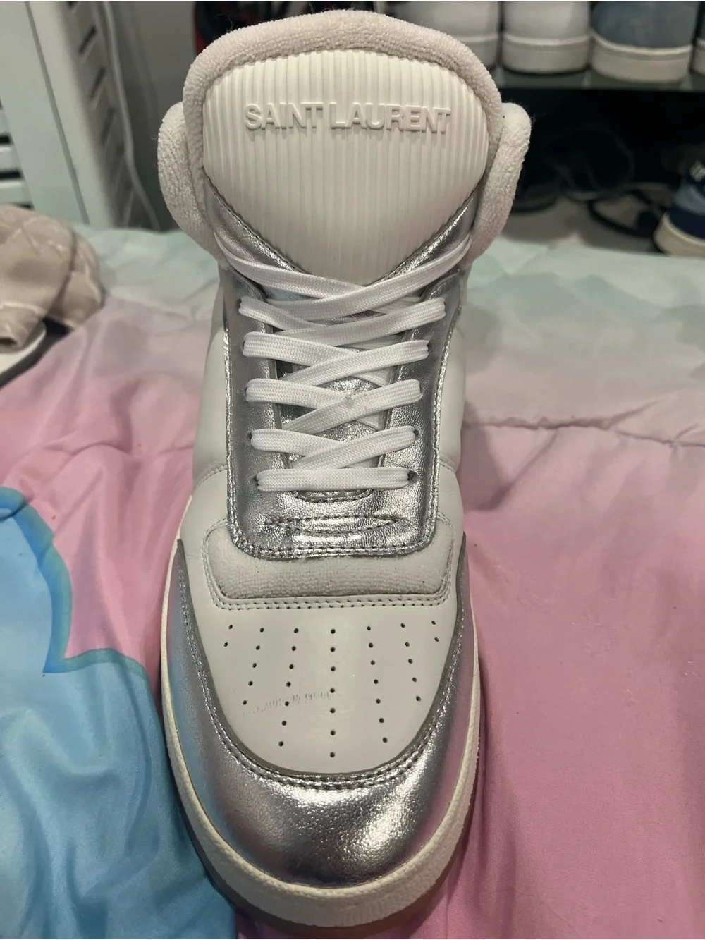Saint Laurent SL/80 White and Metallic Silver High-Top Sneakers Size 8M 9.5W